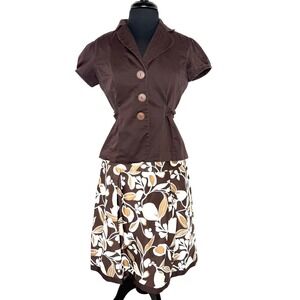 Vintage 2000s Brown Floral‎ A-Line Top Skirt Set Retro Office Cottagecore 12P